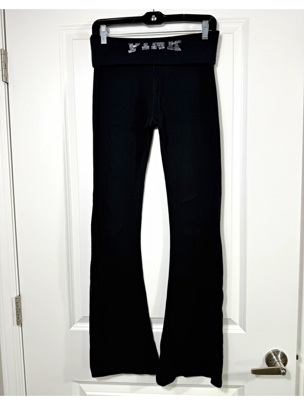 Y2K PINK Victoria's Secret Foldover Yoga Flare Pants Black Bling Logo Size S